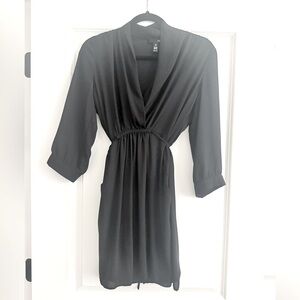 Aqua Black Dress with Cinched Tie Waist and Relaxed V Neck